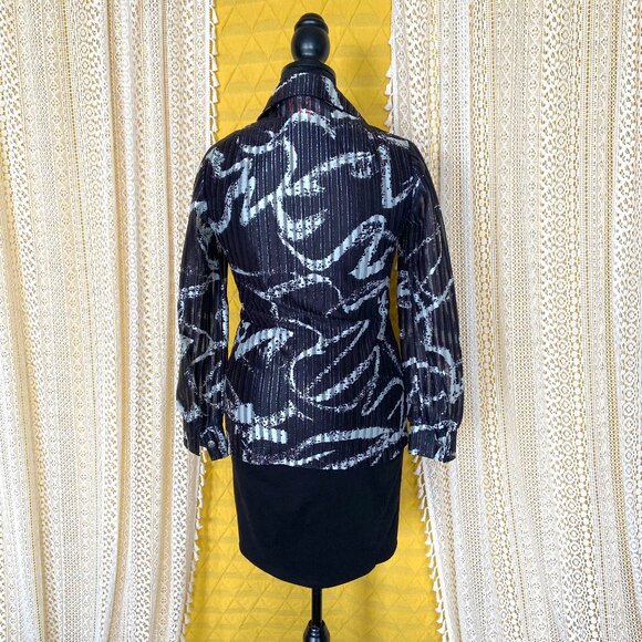 VTG 70s Disco Black/White/Metallic Butterfly Collar Long Sleeve Blouse Mr. Mench - Picture 6 of 11